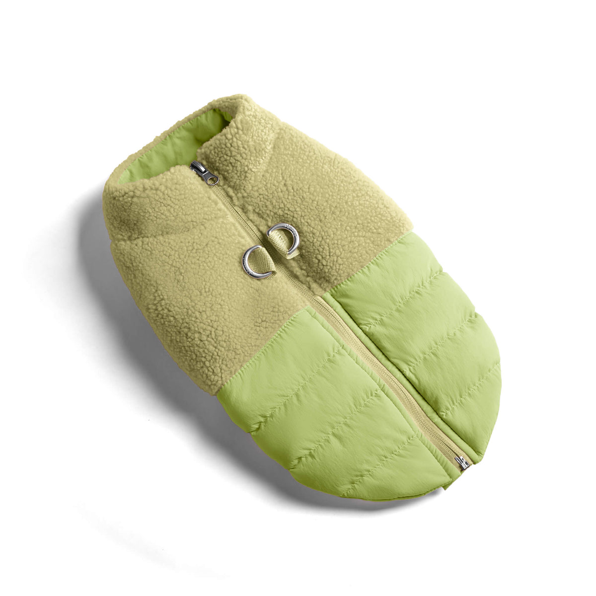 Avocado sherpa puffer vest for dogs with a soft fleece upper and quilted lower section