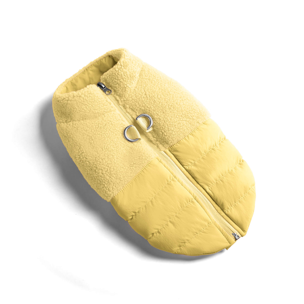 Butter Yellow sherpa and quilted puffer dog vest with full-length zipper