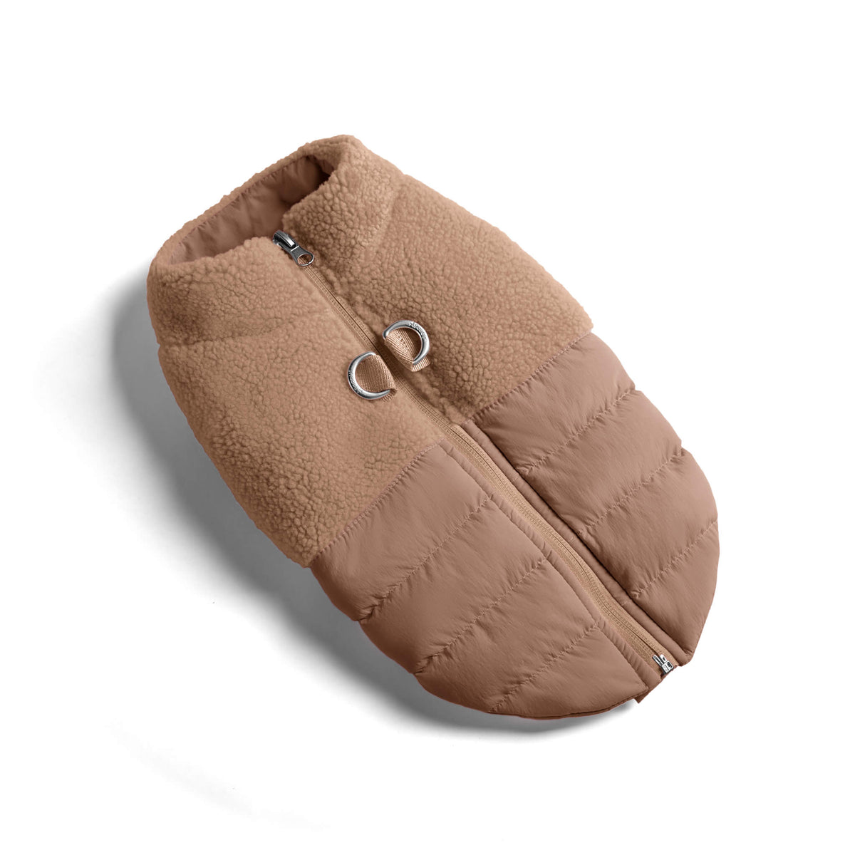 Mocha sherpa puffer vest for dogs shown at an angle