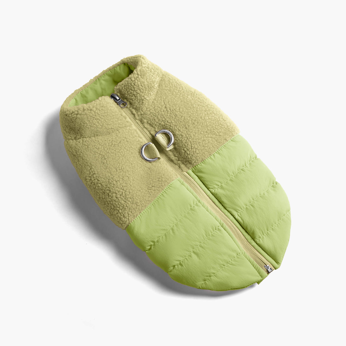Avocado sherpa puffer vest with a plush fleece upper and quilted padded lower section