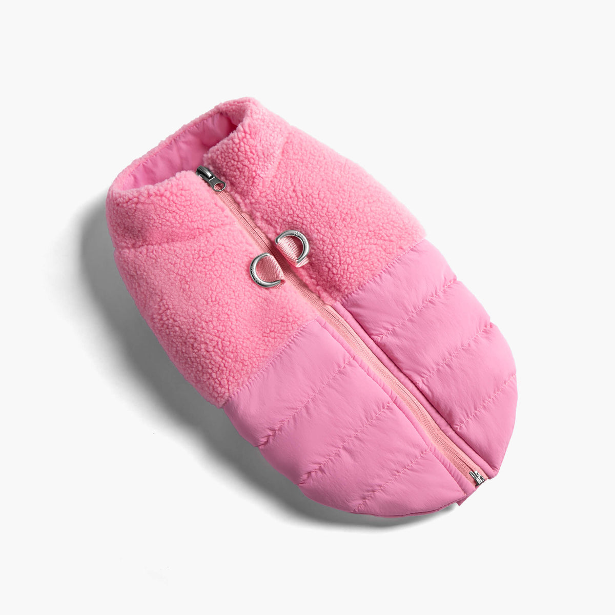 Baby pink sherpa puffer vest with a full front zipper