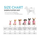 Sherpa Puffer Vest size chart showing dog sizes from XXS to XL with chest and length measurements