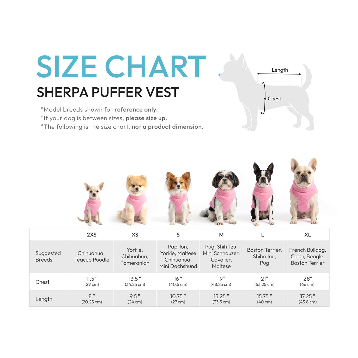 Sherpa Puffer Vest size chart showing dog sizes from XXS to XL with chest and length measurements