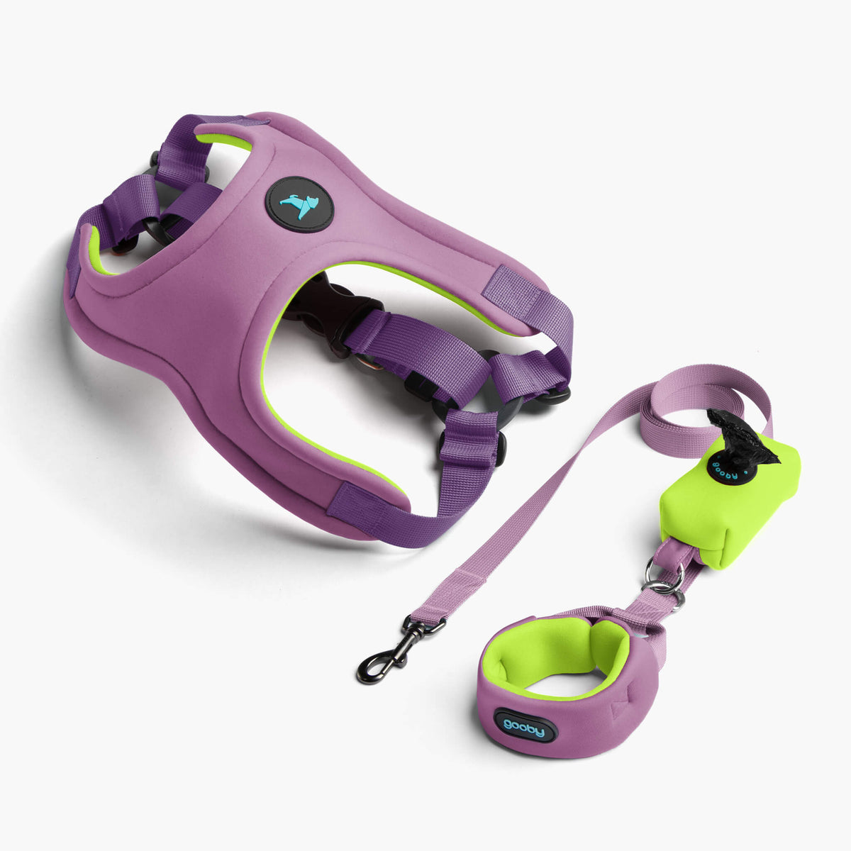 Lavender pastel matching set with a dog harness, leash, and wristband