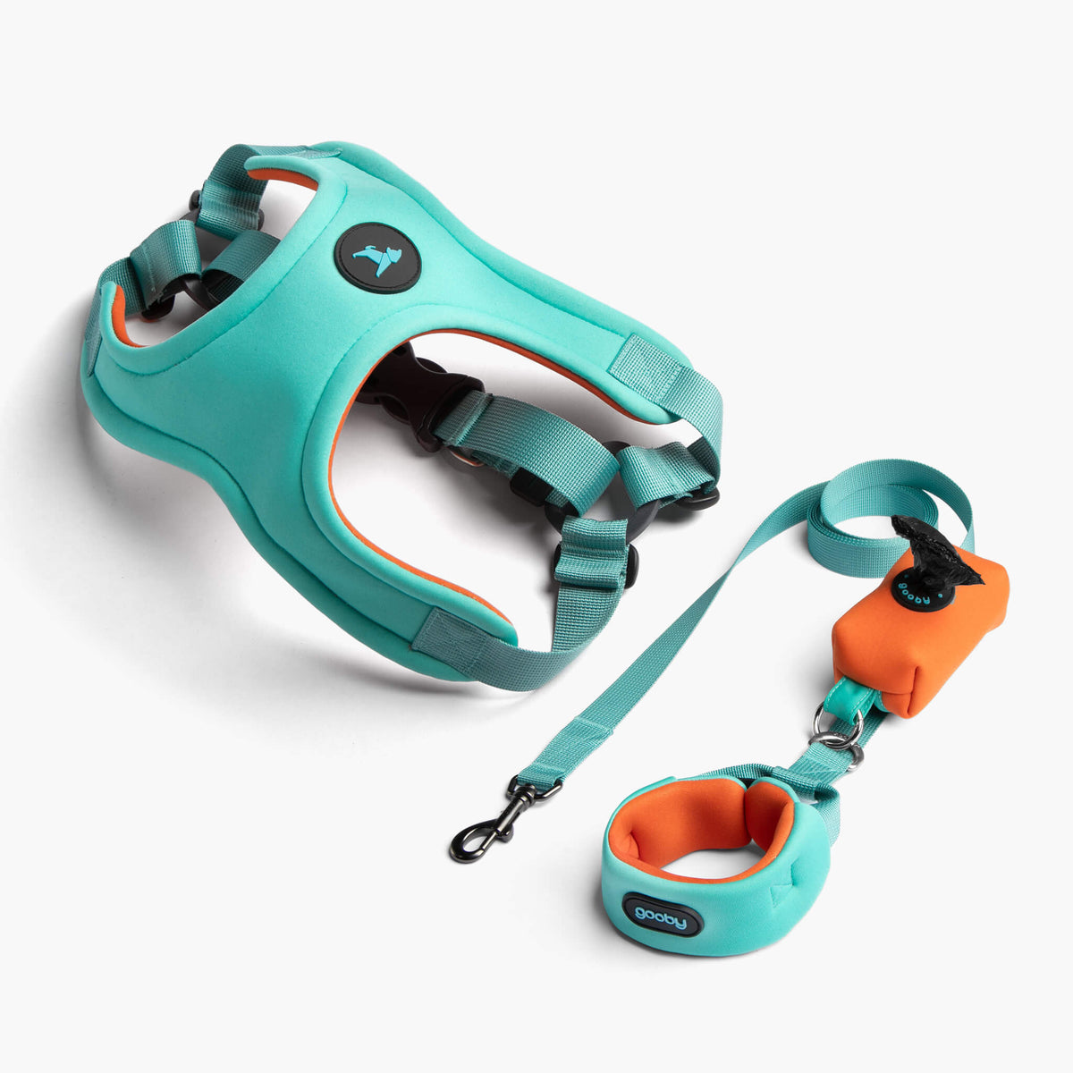 Mint pastel step-in harness and matching leash with orange accents