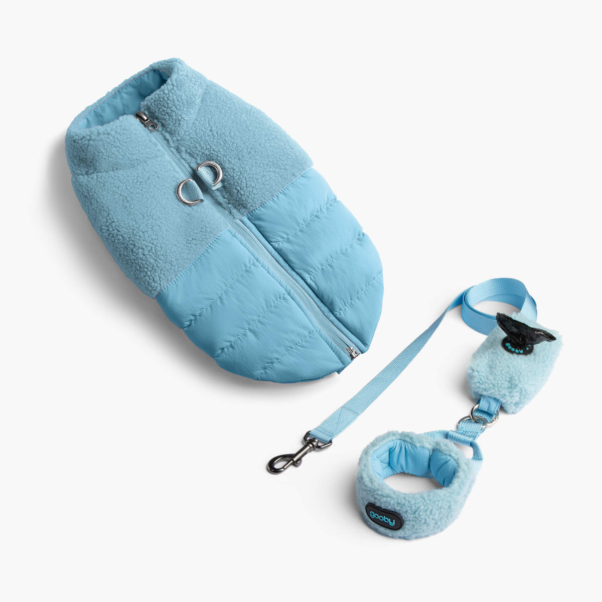 Baby blue sherpa puffer vest matching set with leash and wristband