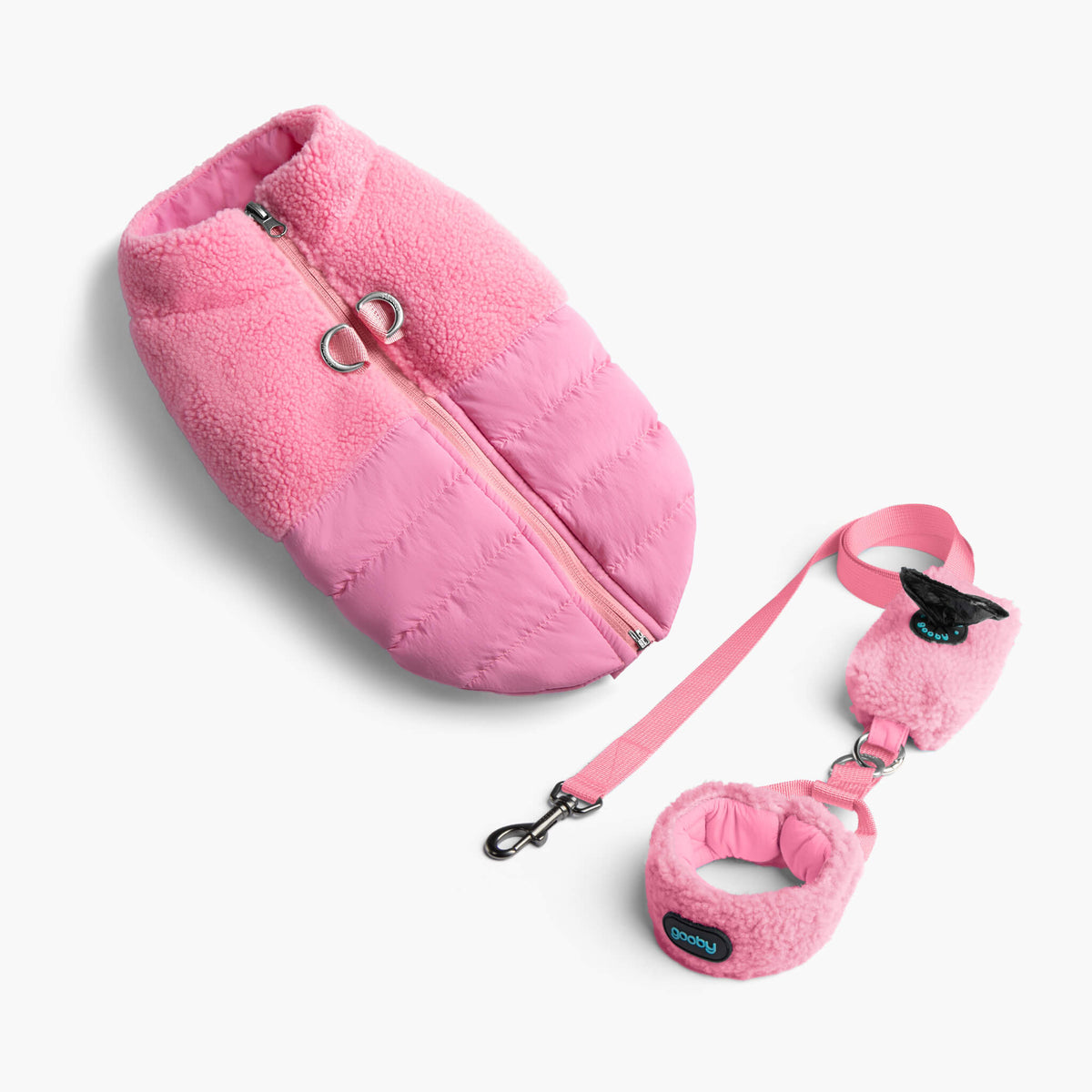 Baby pink sherpa puffer vest matching set with leash and harness