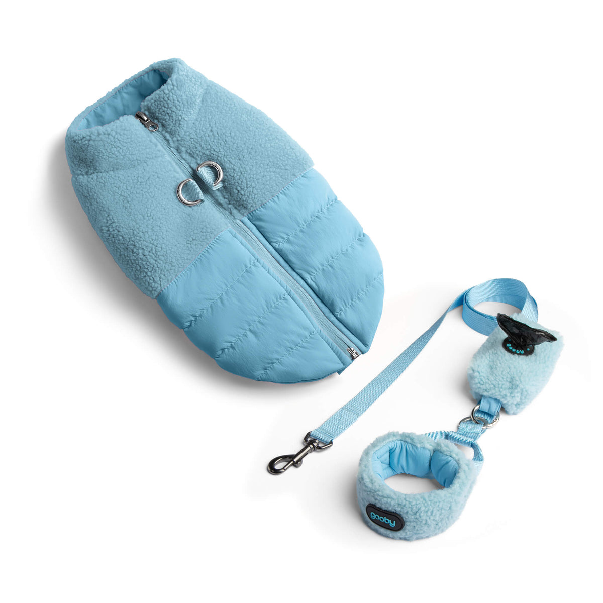 Baby blue sherpa puffer vest matching set with leash and collar on a white background