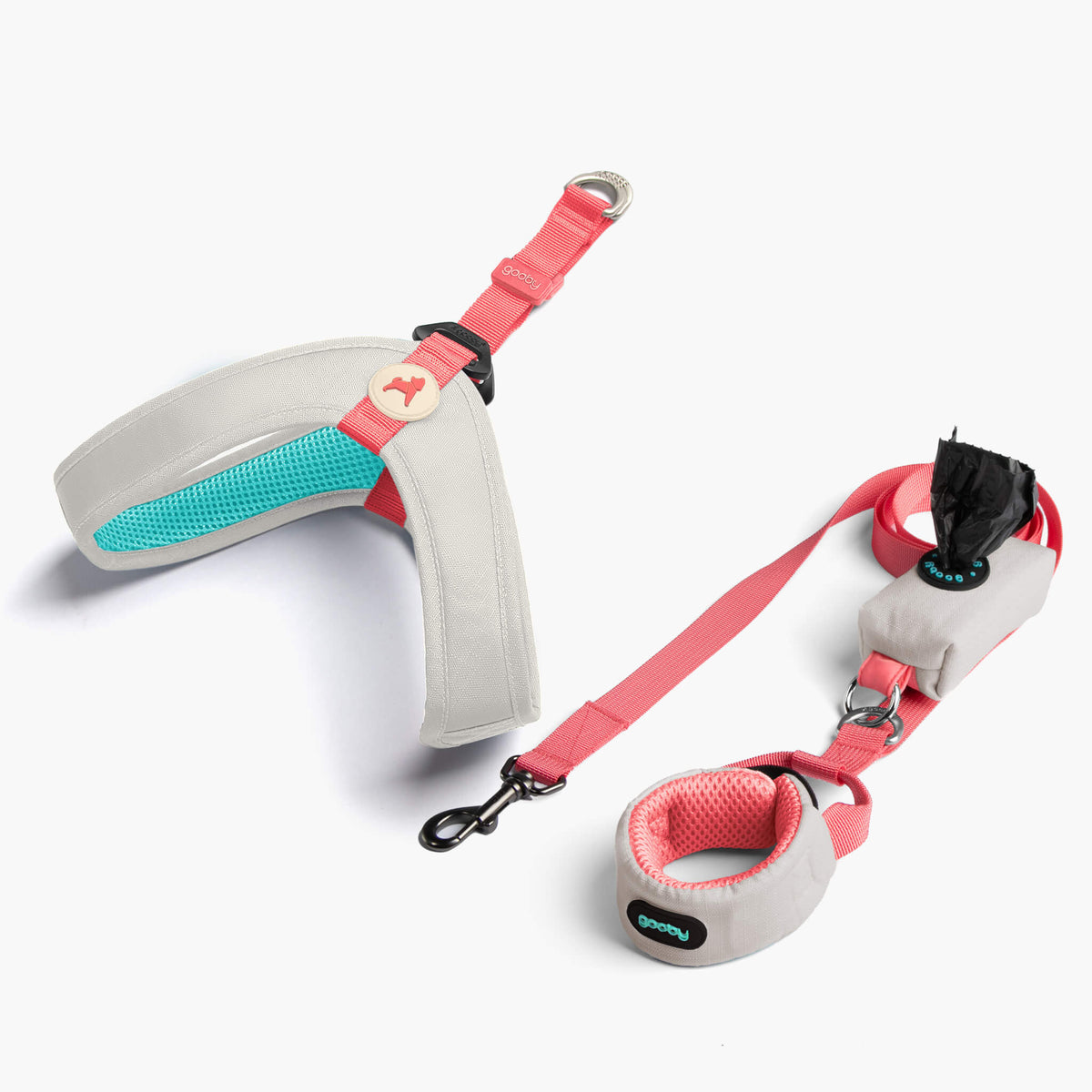 Solid cream step-in harness and matching leash set with turquoise accents