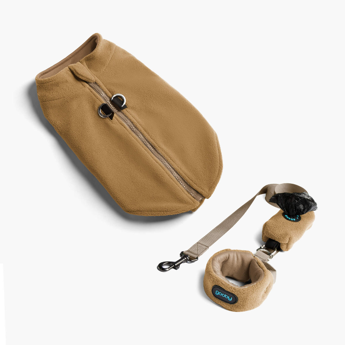 Beige zip-up fleece vest matching set with leash and waste-bag holder