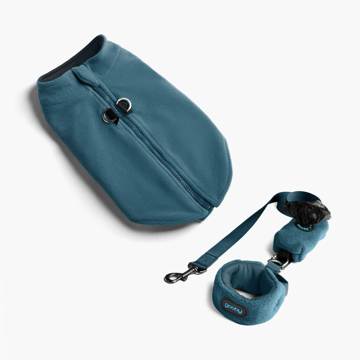 Blue zip-up fleece vest with matching leash and collar set