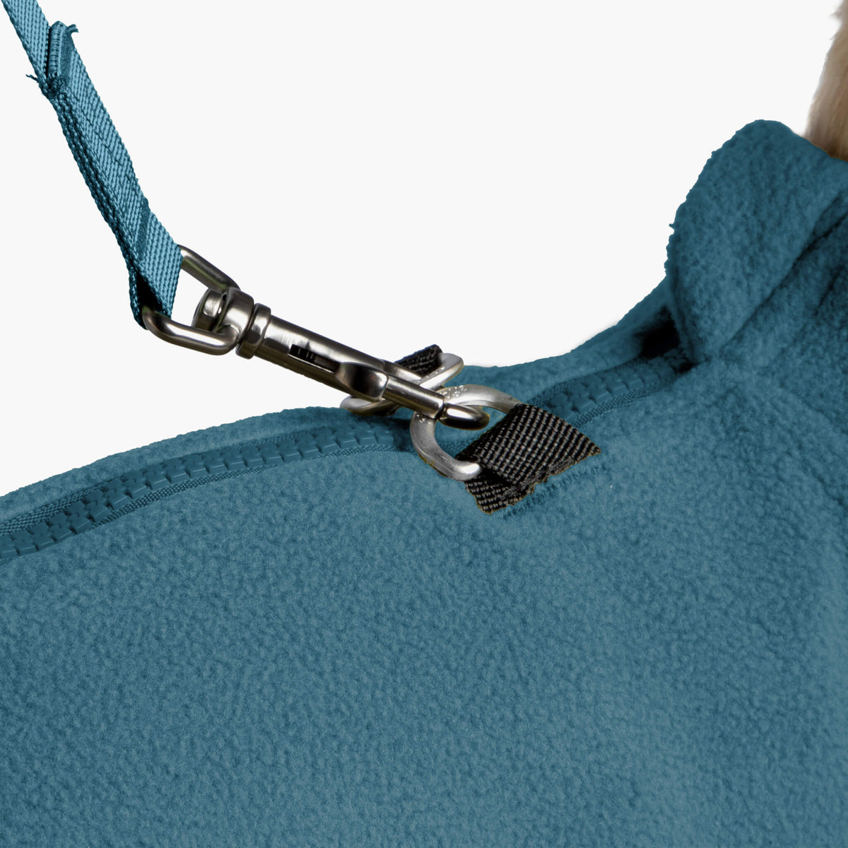 Close-up of the blue Zip Up Fleece Vest 2 matching set showing the fleece fabric, zipper, and leash clip
