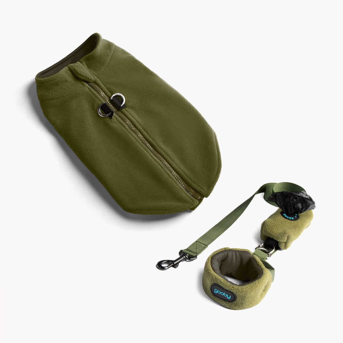Olive zip-up fleece vest with matching leash and wristband