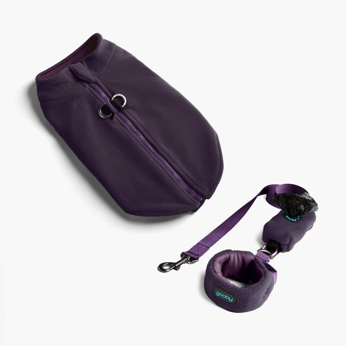Purple zip-up fleece vest matching set with leash and wristband