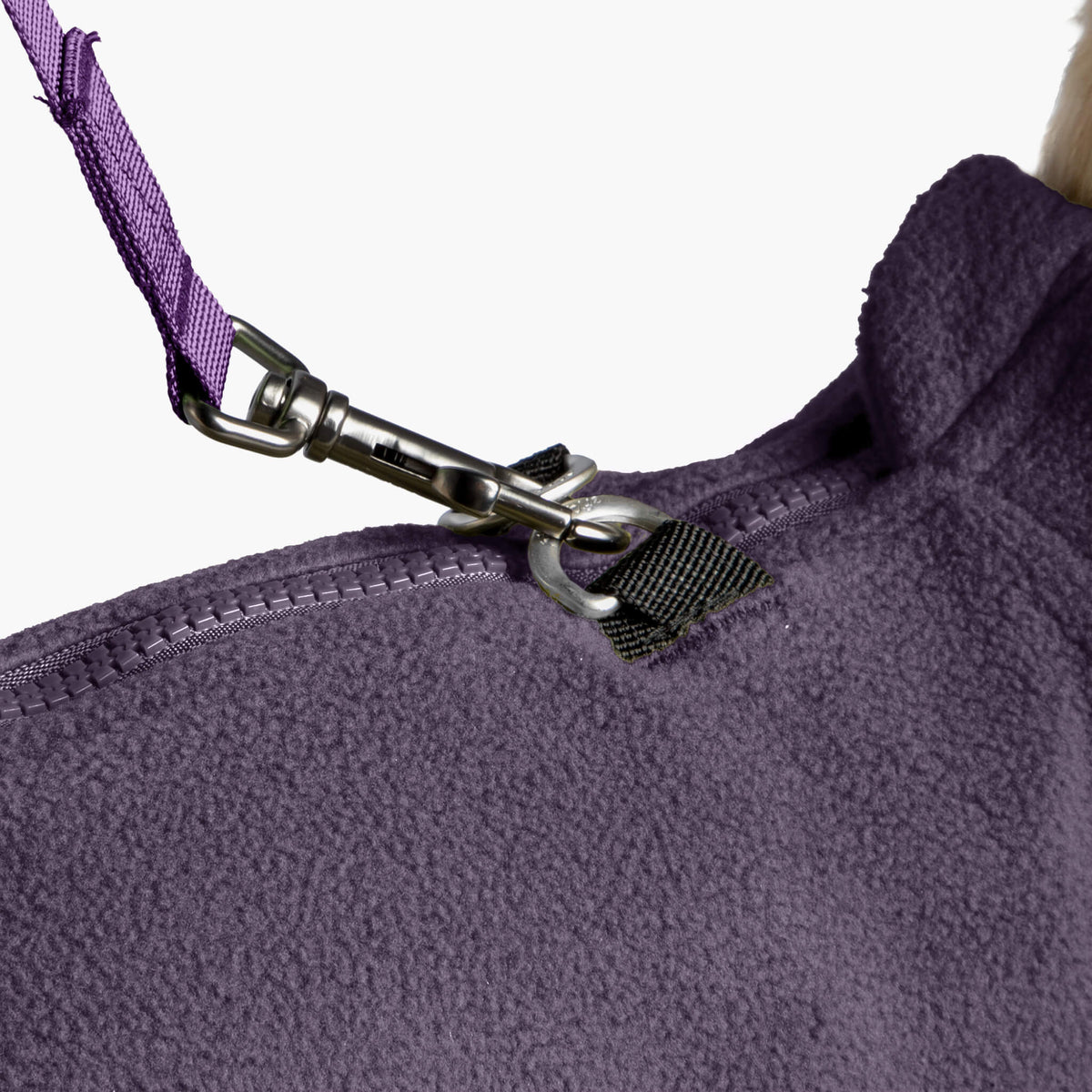 Close-up of the purple Zip Up Fleece Vest 2 matching set zipper and leash attachment
